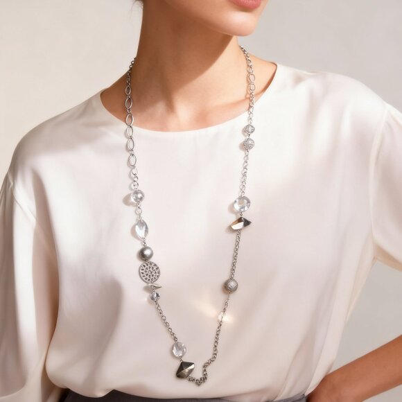 Jewelry - long silver necklace, crystals